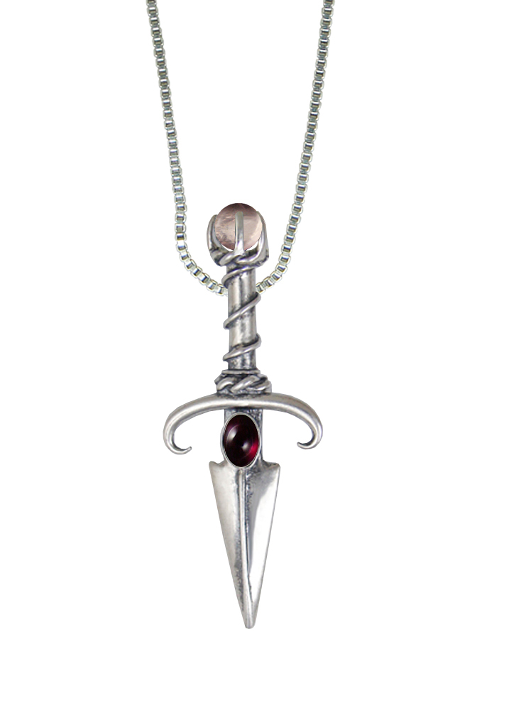 Sterling Silver Black Prince's Knife Dagger Pendant With Garnet And Rose Quartz